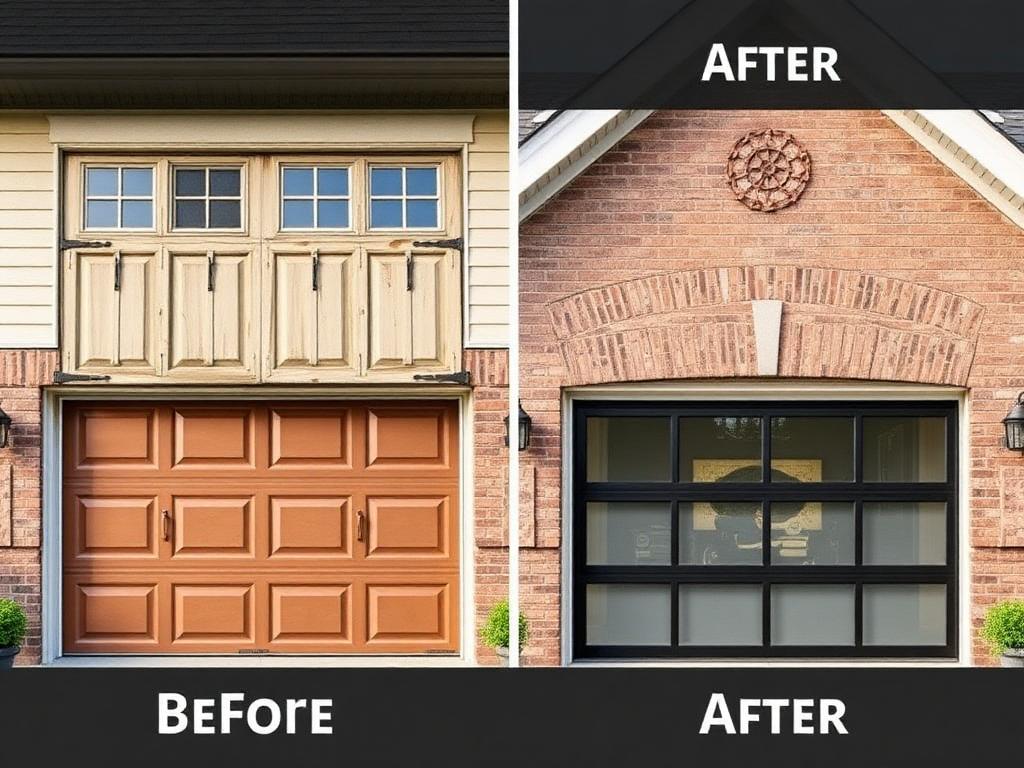 Before and after garage door replacement showing dramatic transformation