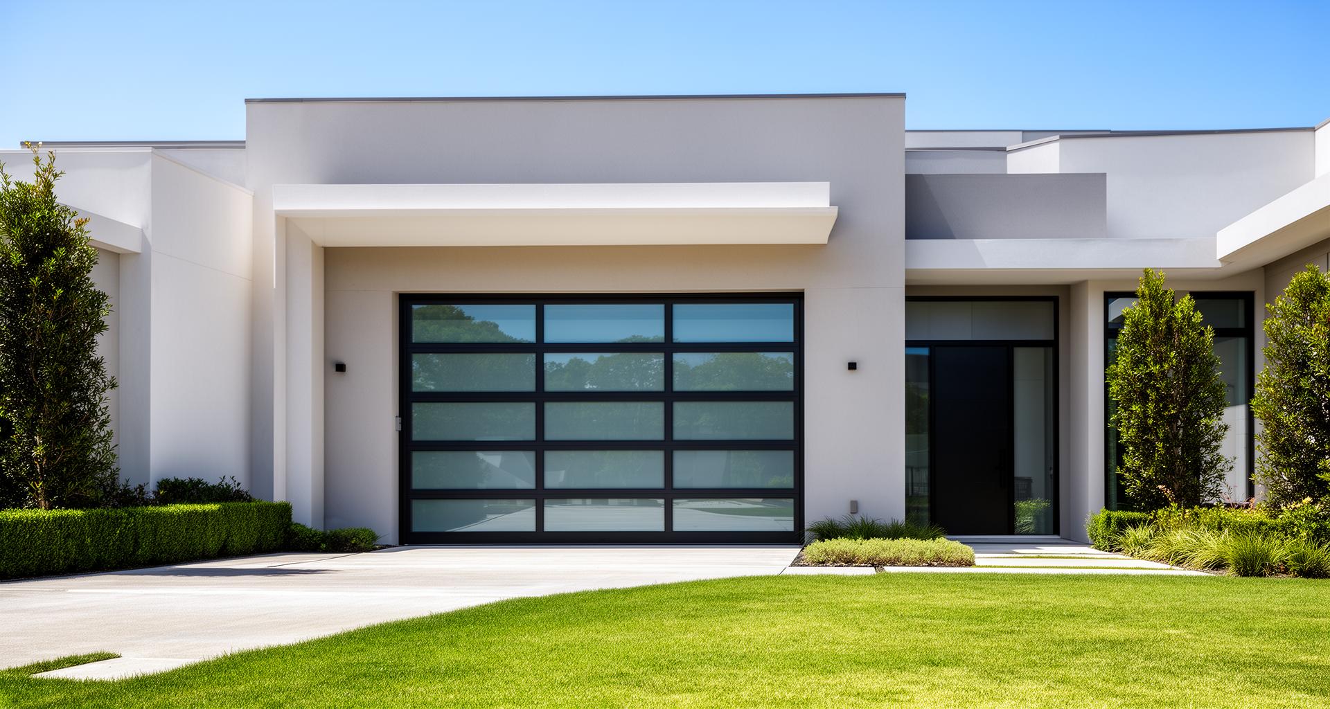 Modern contemporary home with aluminum glass panel garage door - professional installation by Noti Garage Doors